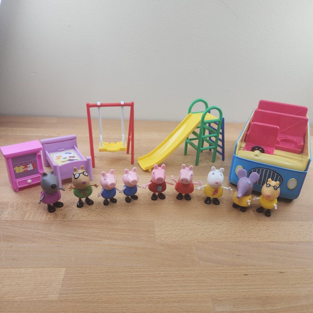 Peppa Pig Toy Figures and Swing, Slide, Bed, Bus ABD Ltd- Lot of 14